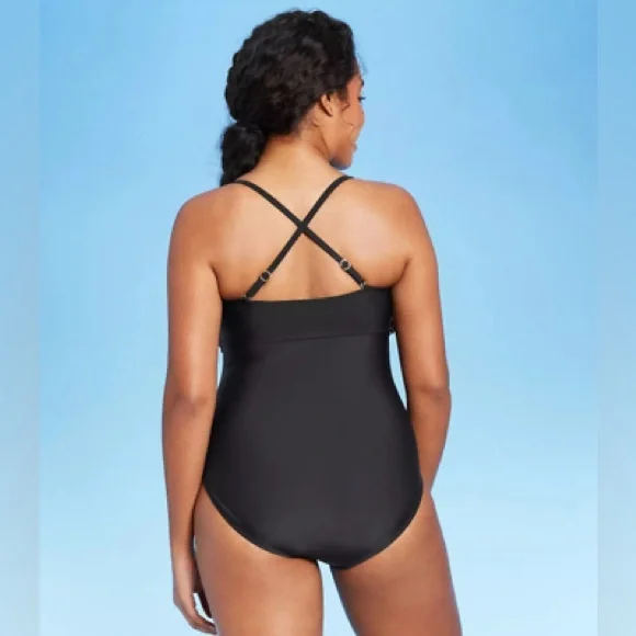 Kona Sol Womens Crochet Ruffle Bandeau One Piece Strapless Black Swimsuit - Picture 5 of 5